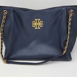 Tory Burch Dark Blue Tote with Gold Accents